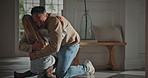 Kid, waiting and father at house with hug, anticipation and affection for homecoming. Lonely, daughter and embrace with man for welcome home, greeting family and bonding together for parent arrival
