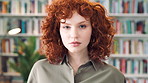 Bookshelf, education and face of student woman in library for development, learning or research. College, scholarship or university with serious person on campus for information, knowledge or study