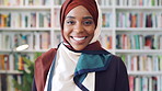 Muslim, face and black woman laugh in library for funny joke, knowledge development and education. Islamic teacher, person and religion books for theology faculty, university job and happy in hijab