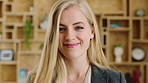 Office, happy and face of business woman with confidence for marketing career and brand manager. Professional, laugh and portrait of person with smile, pride and about us for campaign management