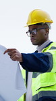 Black man, construction and review blueprint outdoor, architecture or engineering with paperwork. Male contractor, floor plan and inspection for quality assurance, building progress and renovation