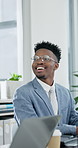 Laugh, black man and laptop in office for financial analyst, notification and good news for business. Happy, bookkeeper and success for portfolio development, workspace and investment opportunity