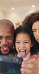 Parents, child and selfie with funny face in home with tablet, laugh and bonding with post for memory. Happy people, girl and relax with photography, tongue out and profile picture at family house
