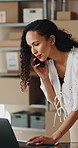 Phone call, office and woman on laptop for shipping, supply chain and logistics for client update. Business, talking and person on cellphone for discussion, delivery schedule or contact for inventory