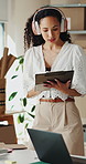 Logistics, headphones and woman with clipboard in small business, stock inventory or streaming music. Entrepreneur, online and planning for goods delivery with tablet, dancing and listening to audio
