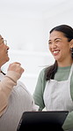 Cooking, senior mother and women with tablet, laughing or searching for recipe with app subscription. Online, mature person and talking to daughter with tech, happy and learn culinary skills in house