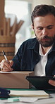 Writing, label and man on tablet for supply chain, dropshipping and delivery info for order. Business, ecommerce and person on digital tech for courier service, inventory management and logistics