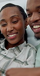 Couple, online and smile in bedroom, discussion and watching movie with subscription on social media. Black people, home and streaming video on bed, happy and conversation with partner or pointing