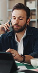 Phone call, talking and man on tablet for shipping, supply chain and distribution for client. Business, ecommerce and person on cellphone for discussion, order and contact for delivery or inventory