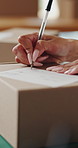 Shipping, hands and writing delivery note on box for quantity info, logistics process or supplier. Small business owner, woman or dispatch record for item description, package details or distribution