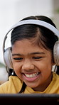 Smile, child or tablet with headphones for elearning, teaching platform or virtual education. Flare, kid or happy with app in home for online class, distance learning or listening to lesson recording