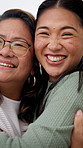Hug, face and senior mother with woman in home for love, bonding and relationship on weekend. Family, happy and portrait of person with mom for connection, support and embrace for affection in house