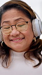 Dancing, senior woman and happy with headphones in house, fun or listening to song with subscription. Online, mature Asian person and rhythm with tech, smile and streaming music on weekend in home