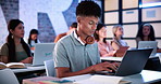 Man, laptop and typing in classroom at university for notes, review and development with education. Girl, computer and students with attention for learning, scholarship and assessment at college