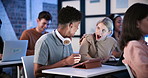 University, shock or friends in class with tech, test results or wow reaction at internship opportunity. College, people or students with tablet, scholarship announcement or surprise at exam feedback