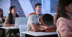University, tired man and student sleep with education burnout, study fatigue or bored in class. College, nap and exhausted person with learning difficulty, low energy or lazy at lecture with tablet