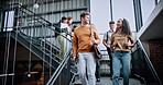 University, walking or friends on stairs with bonding, friendly chat or planning of group project. Conversation, people or students with stroll, peer connection or team update on college assignment.