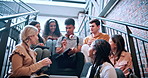 Conversation, tablet and group of students at university for tips on studying for test, exam or quiz. Discussion, digital technology and people on stairs for research on college assignment at campus.