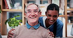 Nurse, face and senior man laugh in nursing home for assisted living, healthcare and support. Woman, happy and old patient with funny caregiver for wellness, retirement and elderly care on couch