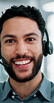 Headset, video call and face of businessman in office with online meeting for finance proposal. POV, mic and portrait of financial manager on virtual discussion for investment approval in workplace.