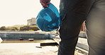 Hands, architect and walking with helmet on construction site for building safety, PPE or security. Person, contractor or civil engineer with hard hat or gear for architecture rules or regulations