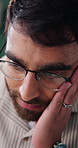 Stress, glasses and man in home with remote work for software development with research for project. Reading, freelancer and male web designer with online mistake for programming in apartment.