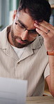 Frustration, headache or man in home with paper, invoice error or missed payment in remote work. WFH, document or finance advisor with tech, crisis migraine or account mistake in budget review.