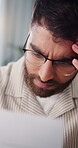 Remote work, headache or man in home with paper, frustration or missed payment in invoice error. WFH, document or finance advisor with migraine, portfolio crisis or account mistake in budget review.