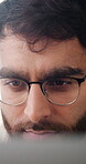 Programming, glasses and businessman with computer in office, software development or project on web. Business, programmer and person with eyewear, cybersecurity and research for assignment with tech