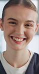 Face, nurse and happy woman in hospital, healthcare and intern with job experience and medical duty. Clinic, trainee and person with opportunity, laughing and pride for health service in Australia