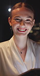 Night, face and businesswoman in office with tablet, deadline or paralegal for lawsuit administration. Bokeh, happy person and law clerk in firm with tech, online research or work late for court case