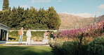 Explore, backyard and family with new home for bonding, connection or property investment. Garden, love and parents with children outdoor for relocation, real estate or mortgage and together by house