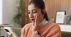 Phone, shock and woman on sofa in home with blog on app for celebrity gossip, social media or texting. Surprise, wow and female person with cellphone for online alert, notification or announcement.