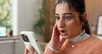Phone, surprise and woman on sofa in home with blog on app for celebrity gossip, social media or texting. Shock, wow and female person with cellphone for online alert, notification or announcement.