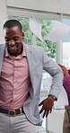 Celebration, businessman and dance in office with paperwork in air for achievement, success or victory. Teamwork, collaboration and employee people with win, throw documents or excited for good news
