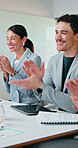 Applause, documents and business people in office with meeting for finance planning in collaboration. Happy, clapping and financial advisors with good news for investment proposal in workplace.