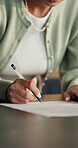 Hands, woman and sign document in home for rental agreement, compliance and property registration. Legal, person and approval signature for lease contract, mortgage disclosure and administration form
