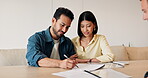 Broker, finance and signature with couple in home together for budget, investment or wealth management. Approval, conversation and documents of happy people with financial advisor in apartment