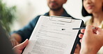 Broker, documents and hands with couple in home together for last will and testament or planning. Financial advisor, paperwork and talking with people in apartment for retirement conversation