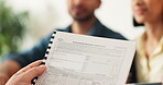 Broker, hands and insurance with homeowner couple together for investment, mortgage or planning. Conversation, financial advisor and paperwork with people in apartment for real estate coverage