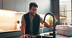 Plumber, fix and happy man with tap in kitchen for home repair service, done or success. Male person, repairman or handyman with smile, faucet or water for plumbing job, completion or finish in house