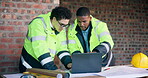 Architect, meeting and men with laptop on construction site, team and plan for property development. Civil engineering, collaboration and people with tech, discussion and architecture research on web