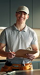 Face, plumber and man in kitchen with clipboard, prepare invoice and cost for maintenance service. Happy, person or technician in home with checklist, quality assurance or quote for plumbing expenses