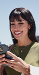 Laugh, texting and businesswoman outdoor with phone, online chat and comic post on social media. Low angle, mature person and employee in town with tech, funny message or meme reaction on digital app