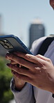 Commute, hands and phone with business woman in city for career, communication or job opportunity. App, morning and travel with professional employee outdoor for email, mobile feedback or review