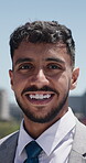 Commute, face and smile with business man in city for career inspiration or job opportunity. About us, morning and travel with happy professional outdoor for corporate employment or occupation