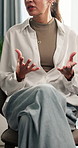 Hands, therapy and woman in counseling office, share experience or story for addiction recovery. Psychology,  person and speaking in session for help, rehabilitation advice or sobriety progress
