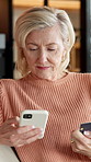 Credit card, online shopping and phone with old woman on sofa in home living room for purchase. App, ecommerce and search with happy senior person in apartment for buying, finance or transaction