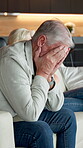 Annoyed, stress and sofa with senior man in home living room for conflict, disagreement or fight. Argument, frustrated and retirement with unhappy couple in apartment for fail or toxic relationship