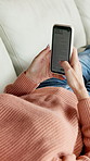 Phone screen, relax and hands of woman on sofa in home for reading blog on mobile app for smart product. Scrolling, cellphone and female person with website information for user manual in house.